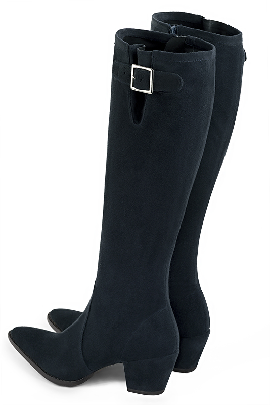 Midnight blue women's knee-high boots with buckles. Tapered toe. Medium cone heels. Made to measure. Rear view - Florence KOOIJMAN